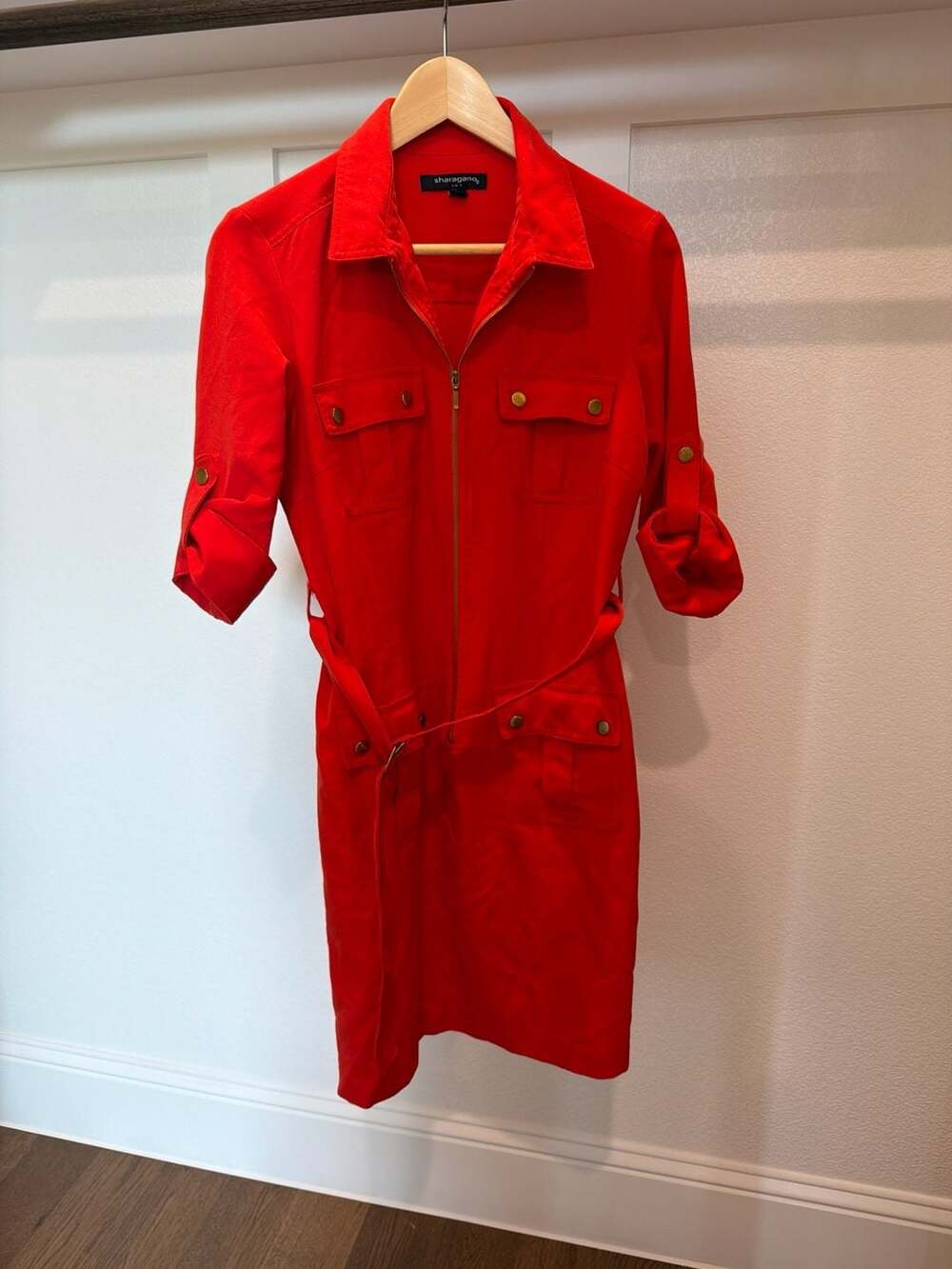 Sharagano Red Belted Zip-Front Safari Utility Midi Dress Size 6